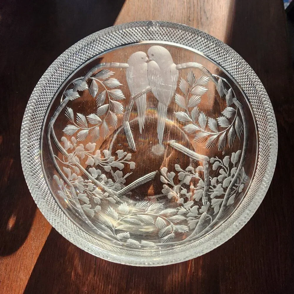 Libbey WISTERIA Love Bird Intaglio American Brilliant Period Cut Glass Bowl ABCG